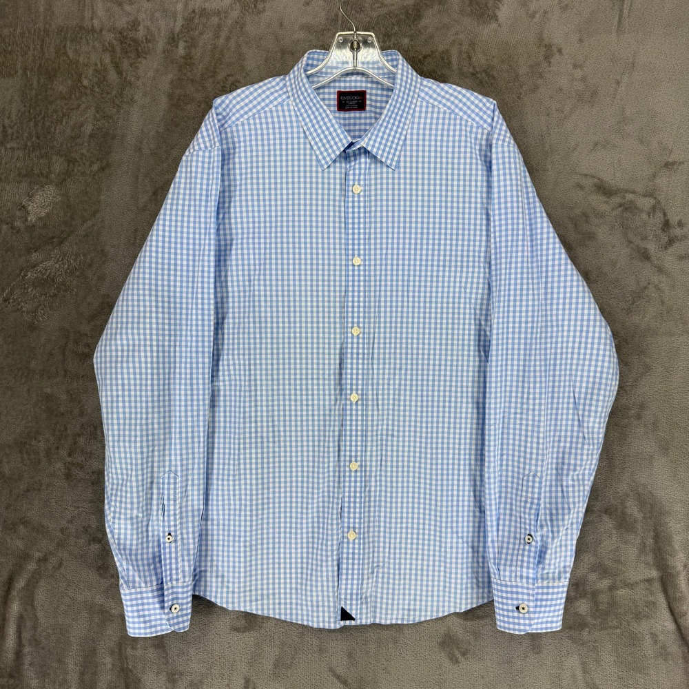 UNTUCKit Carneros Mens XXL Slim Fit Gingham Button Down Shirt Blue White Cotton